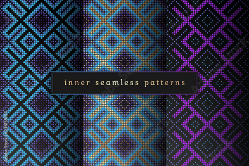 Vector set of sacred geometry seamless pattern; Mixed styles - ancient traditional northern embroidery with contemporary digital design; Psychedelic paganism.