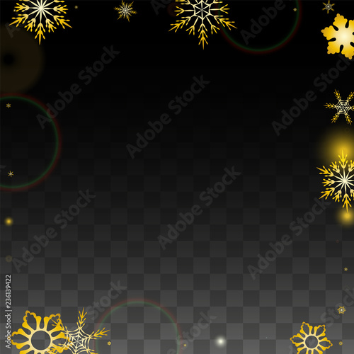 Christmas  Vector Background with Gold Falling Snowflakes Isolated on Transparent Background. Realistic Snow Sparkle Pattern. Snowfall Overlay Print. Winter Sky. Design for Party Invitation.