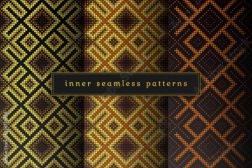 Vector set of sacred geometry seamless pattern; Mixed styles - ancient traditional northern embroidery with contemporary digital design; Psychedelic paganism.