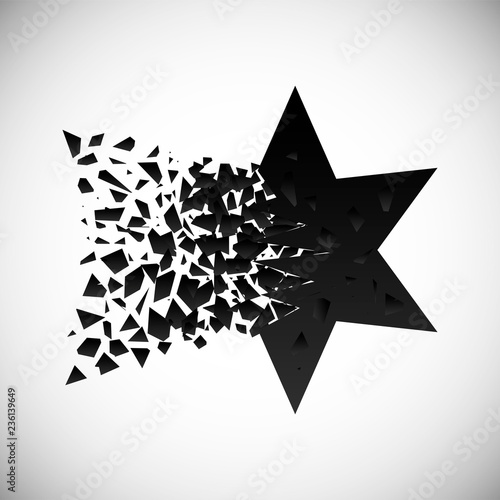 Vector of black star and polygon destruction shapes with debris isolated on vignette background.