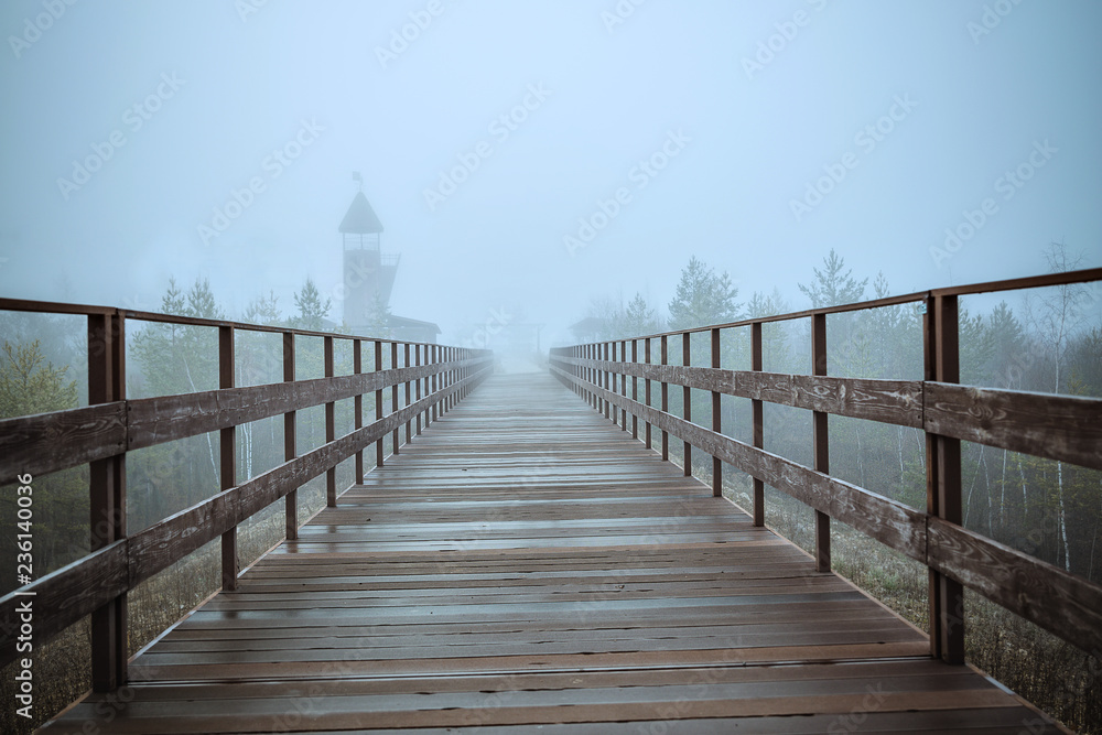 Fototapeta premium Fabulous blue mist. Empty wooden bridge stretching into the mystical fog. A watchtower looms in the background in the distance. Cold autumn morning.