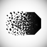Vector of black polygon destruction shapes with debris isolated on vignette background.