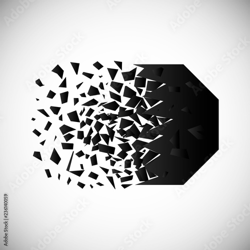Vector of black polygon destruction shapes with debris isolated on vignette background.