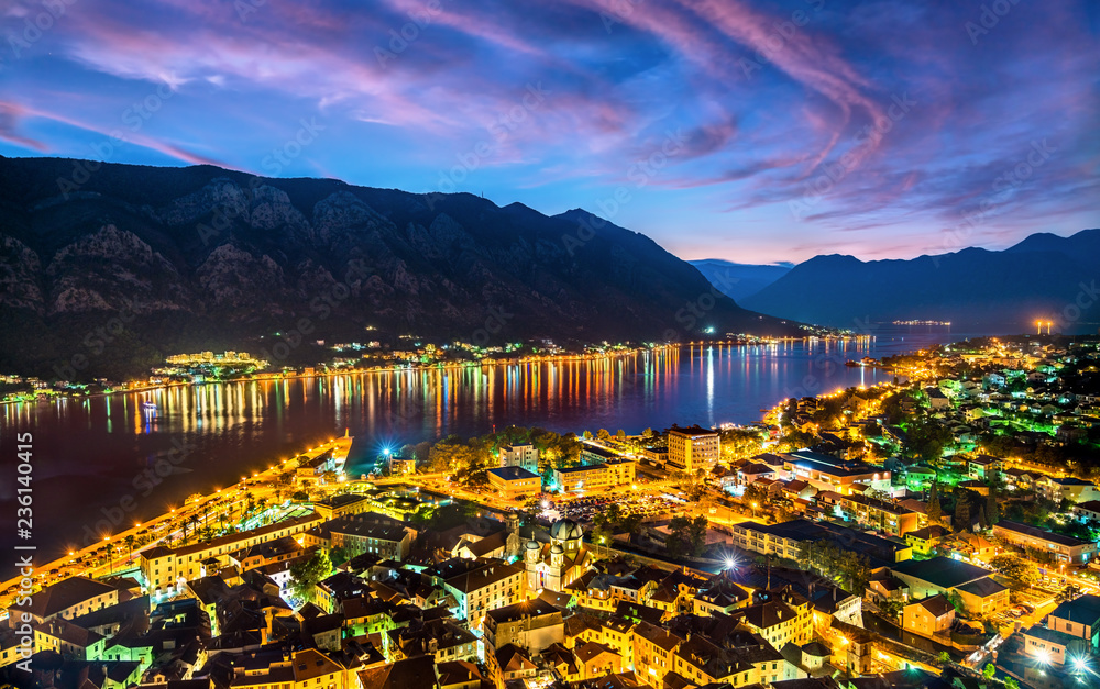 Fototapeta premium Sunset above the town and the Bay of Kotor in Montenegro