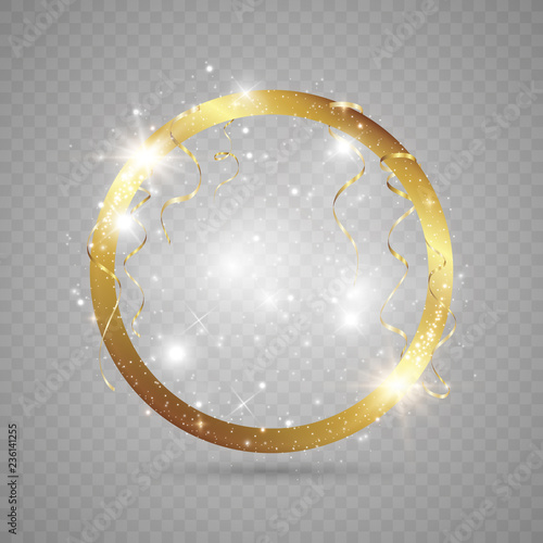 Abstract magical glowing golden banner.Magic circle. Merry Christmas. Round gold shiny frame with light bursts. Gold dust on celebratory banner