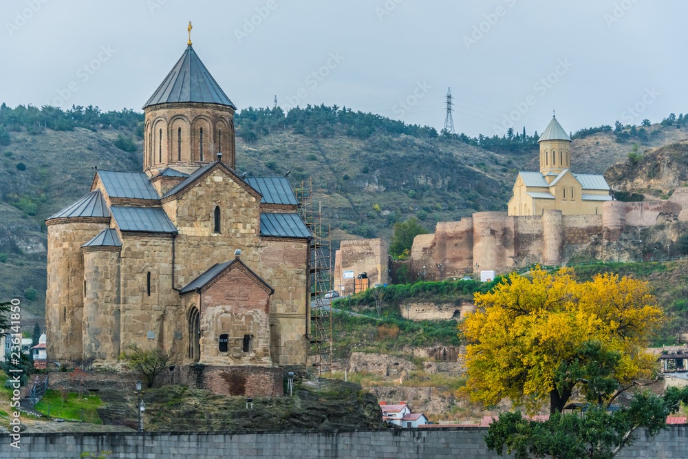 Meteki Church of the Assumption and Narikala fortress in Tbilisi