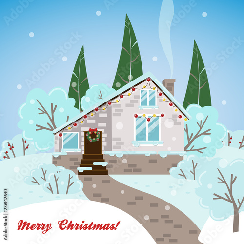 Vector Christmas card with a house, trees, Christmas trees and bushes in flat style