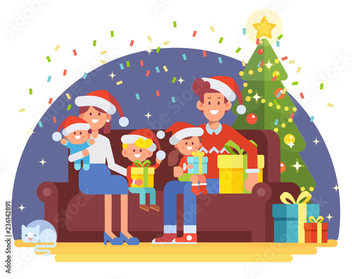 Merry Christmas and Happy New Year. Happy family together. Mom, dad and kids sitting on the couch at home. People in Santa hat, New Year tree. Cartoon style vector illustration
