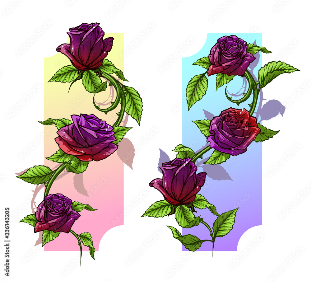 Graphic detailed cartoon violet and red roses flower with stem and leaves. On white background. Vector icon set. Vol. 1 Stock Vector | Adobe Stock Graphic detailed cartoon violet and red roses flower with stem and leaves. On white background. Vector icon set. Vol. 1 Stock Vector | Adobe Stock