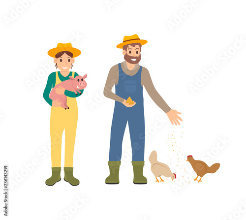 Farmer and Pig Man with Hens Vector Illustration