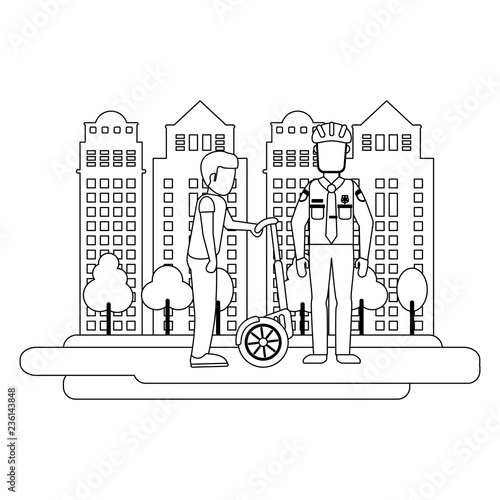 Man with hoverboard black and white