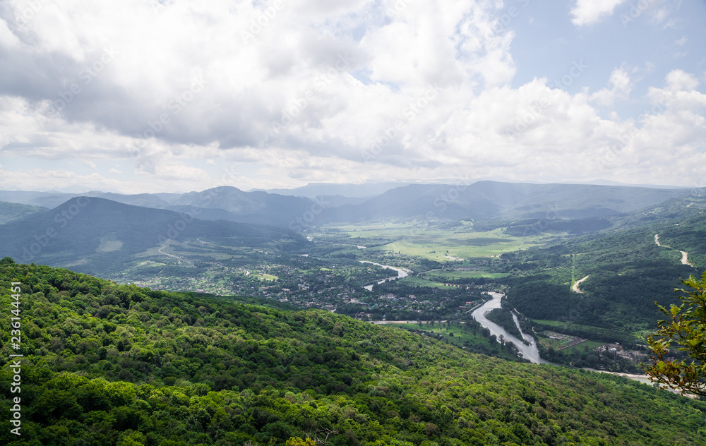 Obraz premium View from the mountain to the village of Dakhovskaya, Adygea.