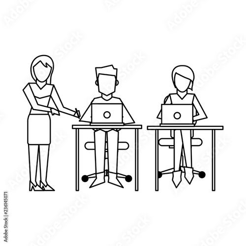 Business coworkers with laptop black and white
