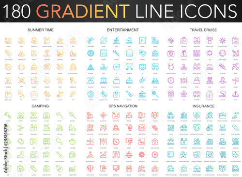 180 trendy gradient vector thin line icons set of summer time, entertainment, travel cruise, camping, gps navigation, insurance icon.