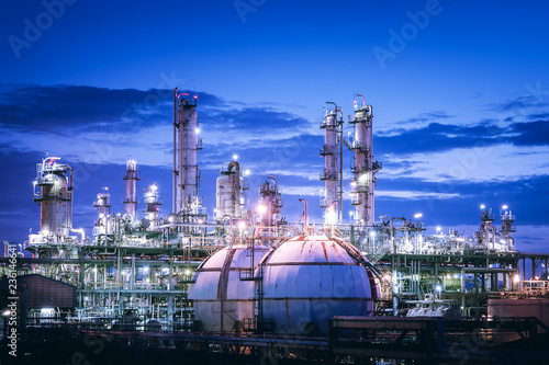 Gas storage sphere tanks in petrochemical plant with twilight sky background, Glitter lighting of industrial plant, Manufacturing of vinyl chloride monomer plant