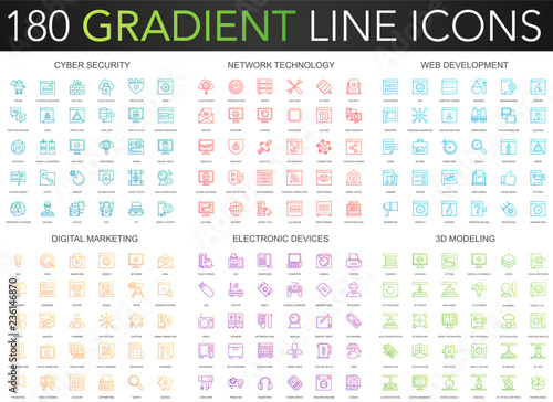 180 trendy gradient vector thin line icons set of cyber security, network technology, web development, digital marketing, electronic devices, 3d modeling icon.