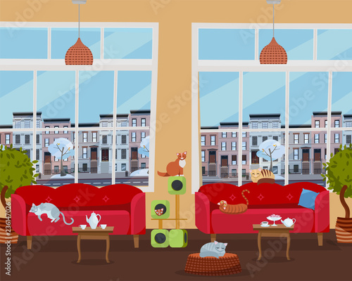 Interior of cat cafe with large windows, comfortable red sofas, tables with tea and coffee. Many cats on furniture and cat house with color scratching rope. Flat cartoon style vector illustration