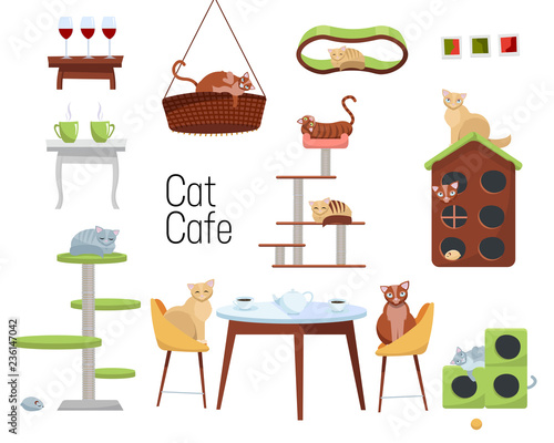 Set of items for cat cafe from different cats and furniture - cat houses and tables with cups of coffee on white background. Cats sit at the table and drink tea. Flat cartoon style vector illustration