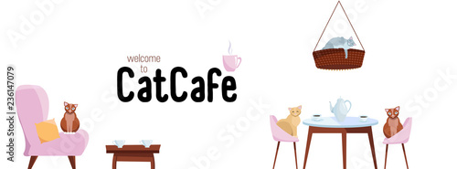 Facebook Cover Web Banner Social Media Design Welcome to cat cafe Template Vector on white background.Cats sit on stylish chairs at cafe table, on cozy red soft chair. Flat cartoon vector illustration