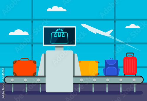 Conveyor belt transport safety airport luggage scanner with control pad and screens. Luggage examination. Terminal Baggage Security Check.Vector illustration in cartoon style