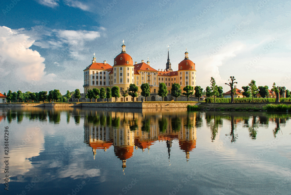 Saxony, Moritzburg castle, park, castle above the lake, lake, reflection in the lake, German architecture, Germany