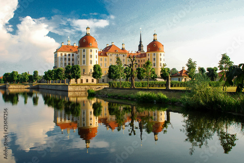 Saxony, Moritzburg castle, park, castle above the lake, lake, reflection in the lake, German architecture, Germany © Nataliya Schmidt
