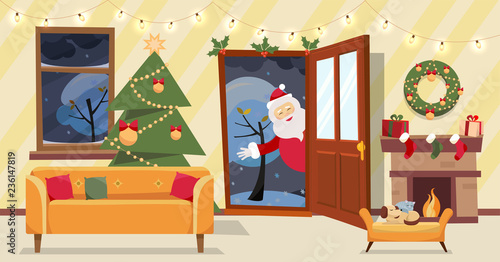 Open door and window overlooking the snow-covered trees. Christmas tree, gifts in boxes and furniture, wreath, fireplace inside. Santa Claus looks in doorway, brought gifts. Flat cartoon vector