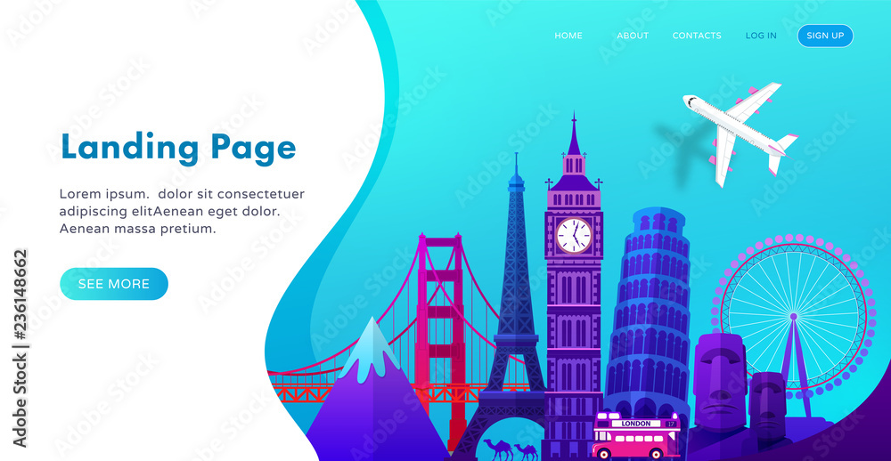 Landing page template design with famous landmarks in modern gradient style for travel or tourism website. Vector illustration