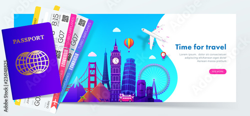 Travel banner design with famous landmarks in modern gradient style for travel or tourism website,  passport with tickets. Vector illustration