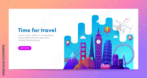 Travel banner design with famous landmarks in modern gradient style for travel or tourism website. Vector illustration