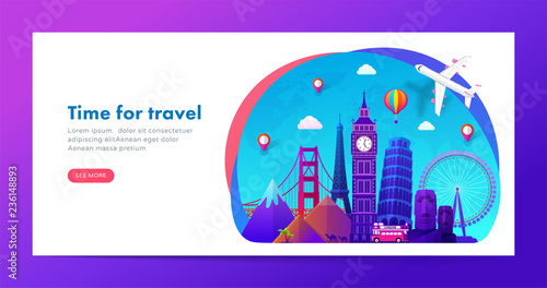 Travel banner design with famous landmarks in modern gradient style for travel or tourism website. Vector illustration