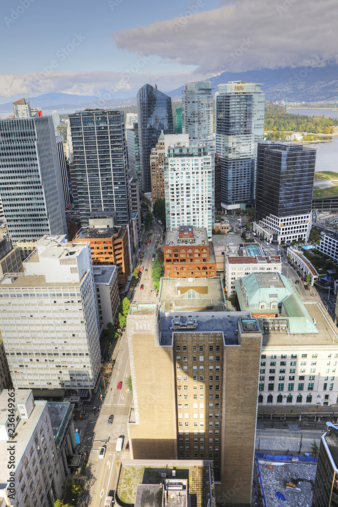 Vertical aerial view of the Vancouver, Canada skyline