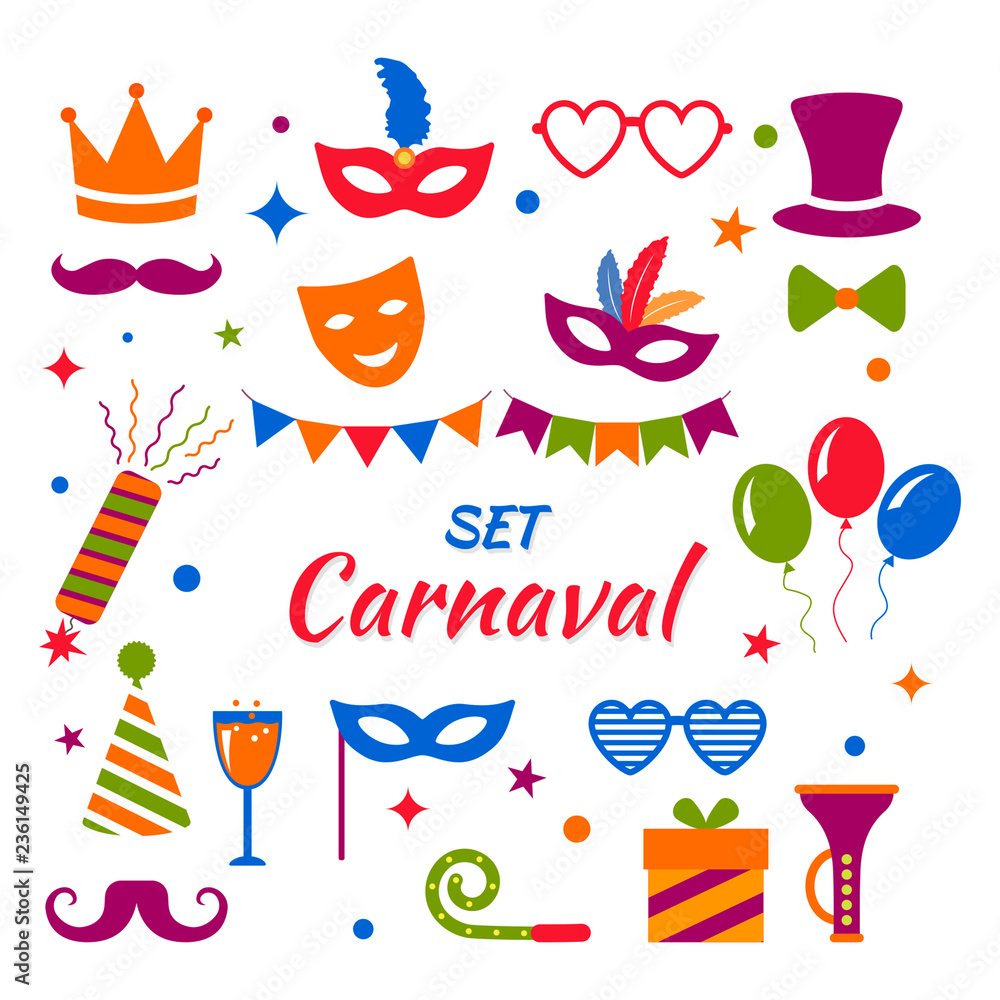 Celebration festive background with carnival icons and elements of the Venetian or Brazilian carnival. Colorful banner. flat vector illustration isolated on white background Celebration festive background with carnival icons and elements of the Venetian or Brazilian carnival. Colorful banner. flat vector illustration isolated on white background