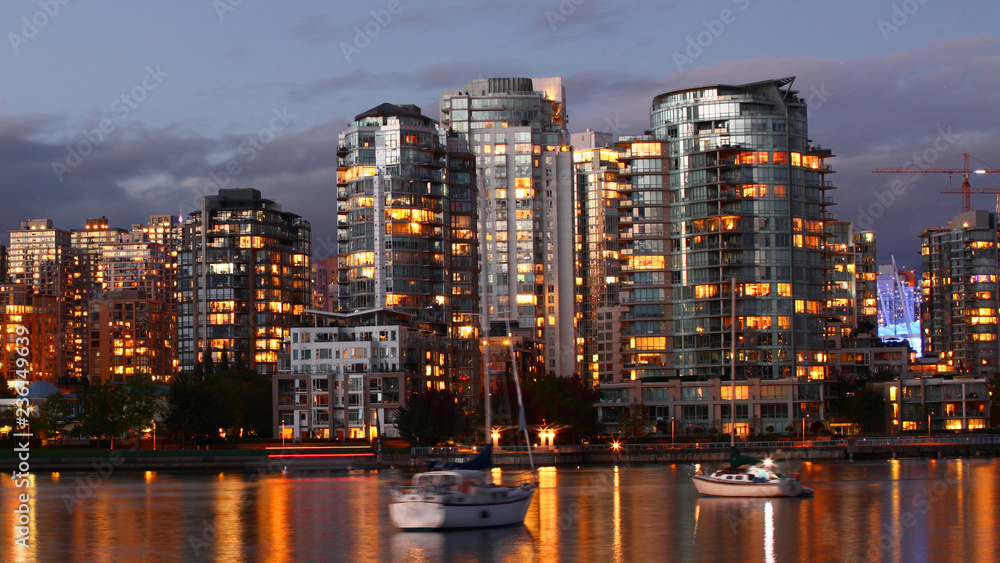 Sunset view of the Vancouver, Canada skyline