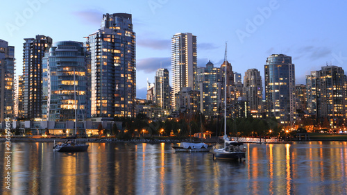 Sunset view of Vancouver, Canada across bay