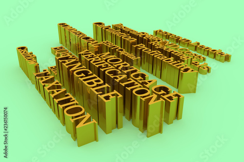 CGI typography, business finance related keywords for design texture, background. Gold color 3D rendering.