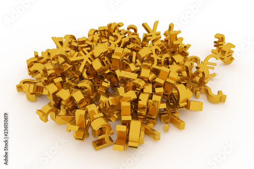 Decorative, illustrations CGI typography, bunch of currency sign represent money or profit, for design texture background. Gold color 3D rendering.