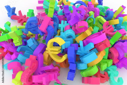 Background abstract CGI typography, bunch of currency sign represent money or profit for design, graphic resource. Colorful 3D rendering.