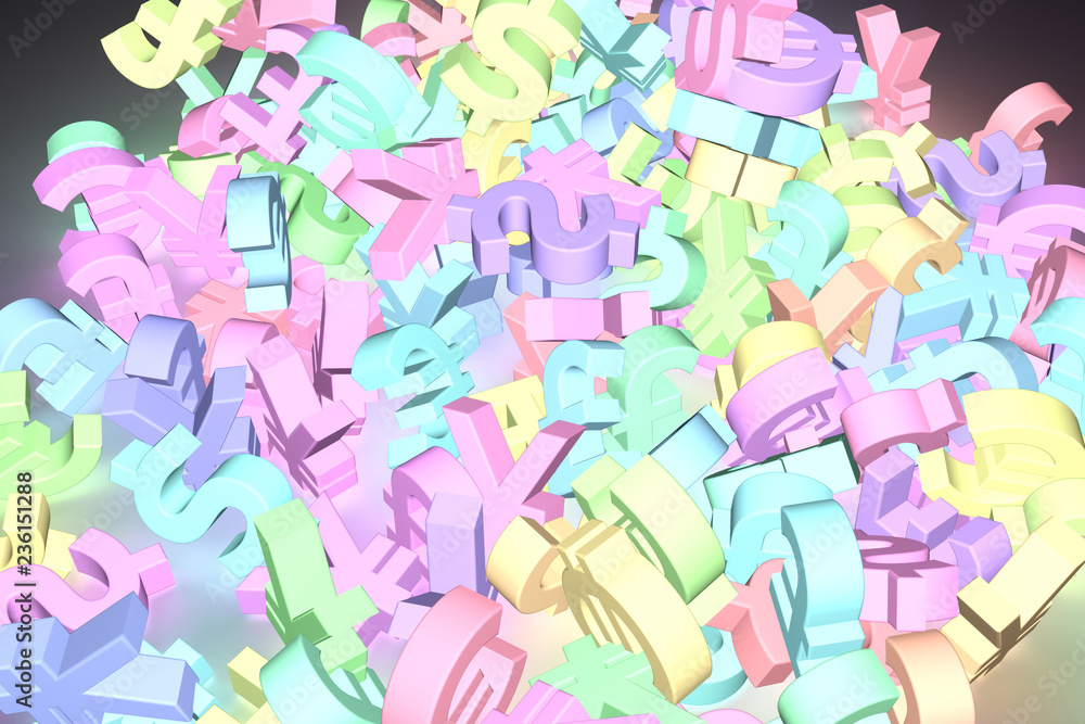 Abstract CGI typography, bunch of currency sign represent money or profit. Wallpaper for graphic design. Grow or neon 3D rendering. Abstract CGI typography, bunch of currency sign represent money or profit. Wallpaper for graphic design. Grow or neon 3D rendering.