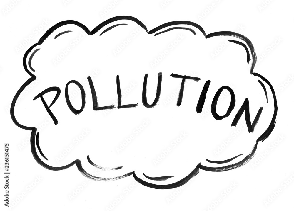 Black brush and ink artistic rough hand drawing of air cloud with pollution text. Black brush and ink artistic rough hand drawing of air cloud with pollution text.