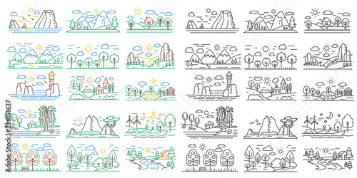 Nature line icon mini landscapes with mountains, fields and rivers. Outline color and black vector nature concept illustrations.