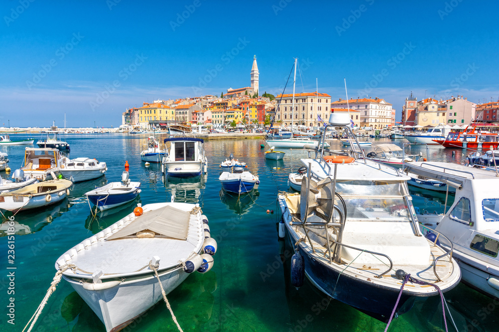 view on colorful port of Rovinj, Istria region, Croatia