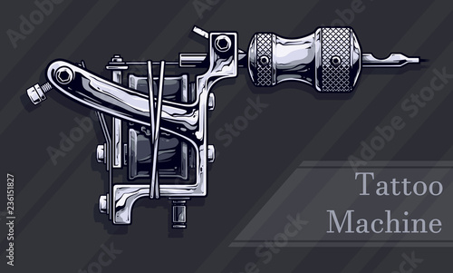 Graphic detailed black and white metal tattoo machine. On black background with stripes. Vector icon. Vol. 2