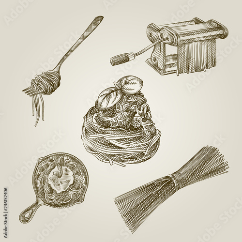 Hand Drawn spaghetti Sketches Set. Collection Of spaghetti isolated on old paper background. Vector of Spaghetti In Vintage Style.Hand drawn Italian food sketch elements