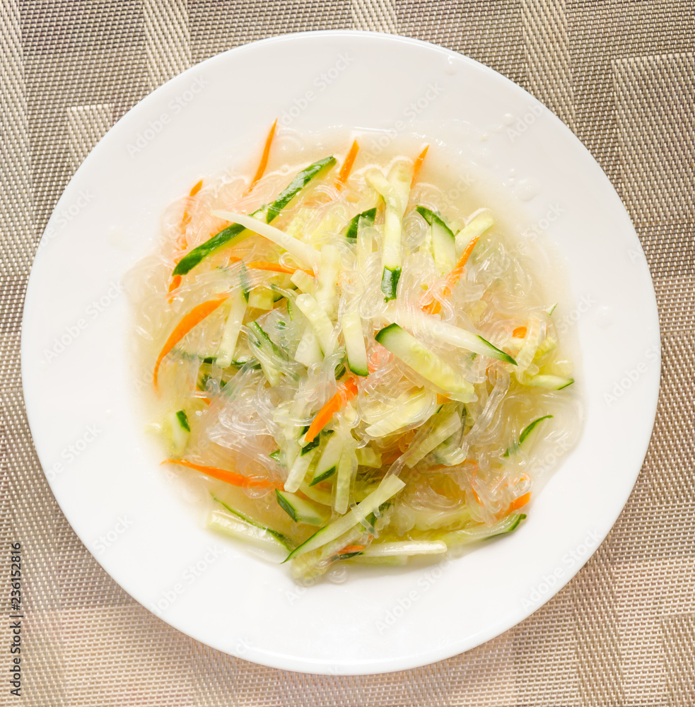 Chinese noodles with cucumber and carrot on a plate close-up Chinese noodles with cucumber and carrot on a plate close-up