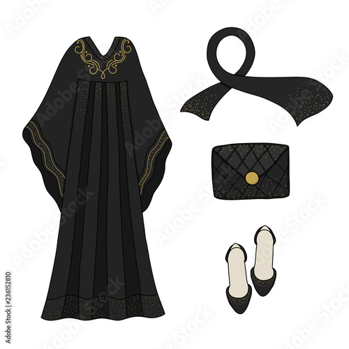 Traditional islamic dress. Muslim women clothe. Emirates abaya. Hijab religious dress. Fashion arabic lookbook.
