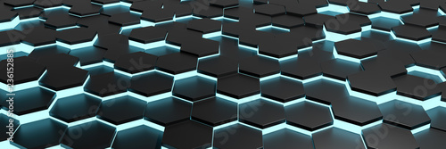 Black blue hexagons background pattern 3D rendering