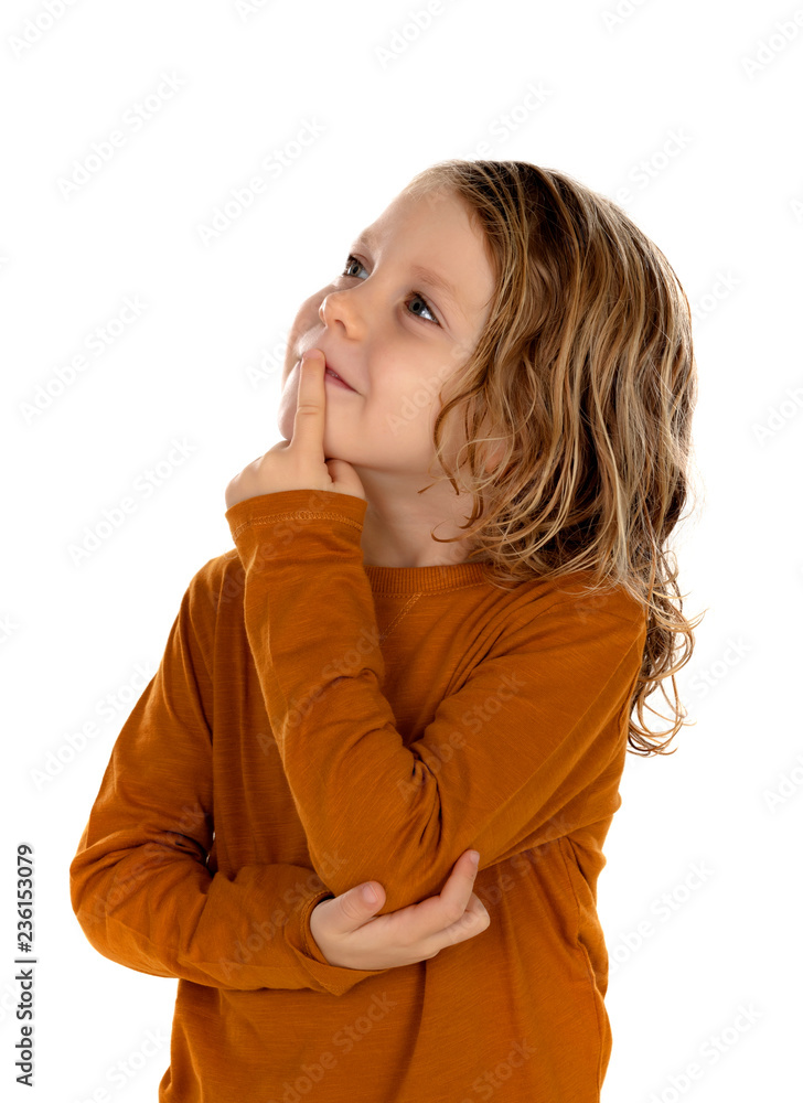 Small blond child imagining something isolated on a white background Small blond child imagining something isolated on a white background