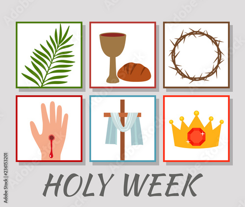 Christian banner Holy Week with a collection of icons about Jesus Christ. The concept of Easter and Palm Sunday. flat vector illustration photo