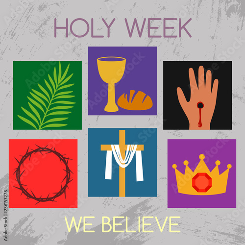 Christian banner Holy Week with a collection of icons about Jesus Christ. The concept of Easter and Palm Sunday. flat vector illustration